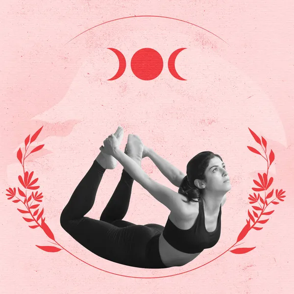 Contemporary art collage of young sportive woman doing yoga, standing in bow pose isolated over pink background — Stock Photo, Image