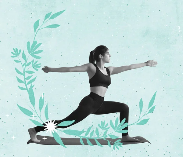 Collage di arte contemporanea di giovane donna sportiva praticare yoga, in piedi in posa guerriero isolato su sfondo menta — Foto Stock