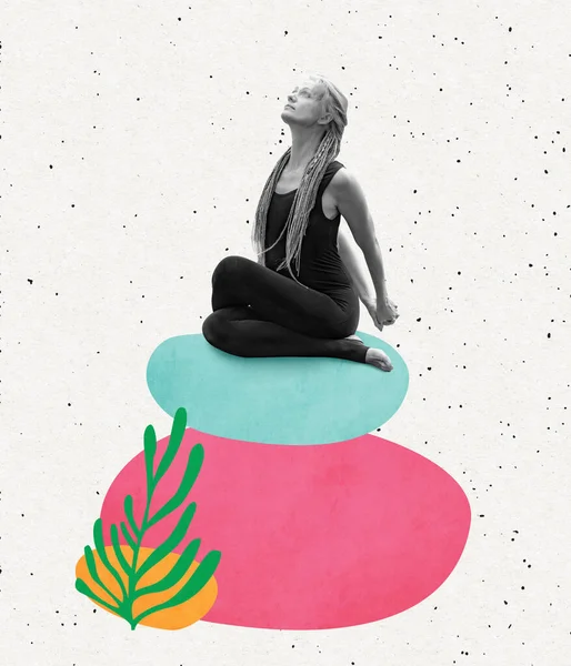 Collage d'arte contemporanea di donna calma che fa yoga, seduta in posa allungata isolata su sfondo bianco con elementi disegnati — Foto Stock