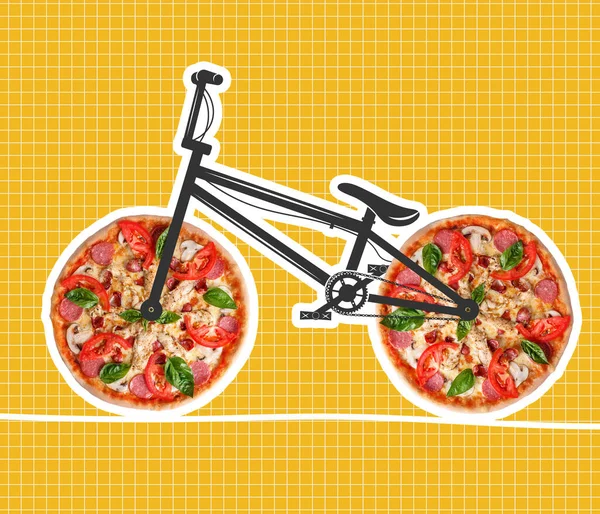 Colagem de arte contemporânea de bicicleta criativa com weels pizza simbolizando entrega rápida isolada sobre fundo amarelo — Fotografia de Stock