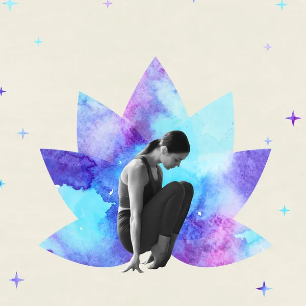 Contemporary art collage of young girl meditating, doing yoga isolated over gradient purple lotus flower background