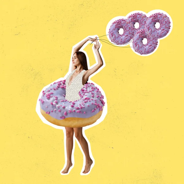 Collage de arte contemporáneo de mujer delgada de pie en rosado delicioso donut colorido aislado sobre fondo amarillo — Foto de Stock