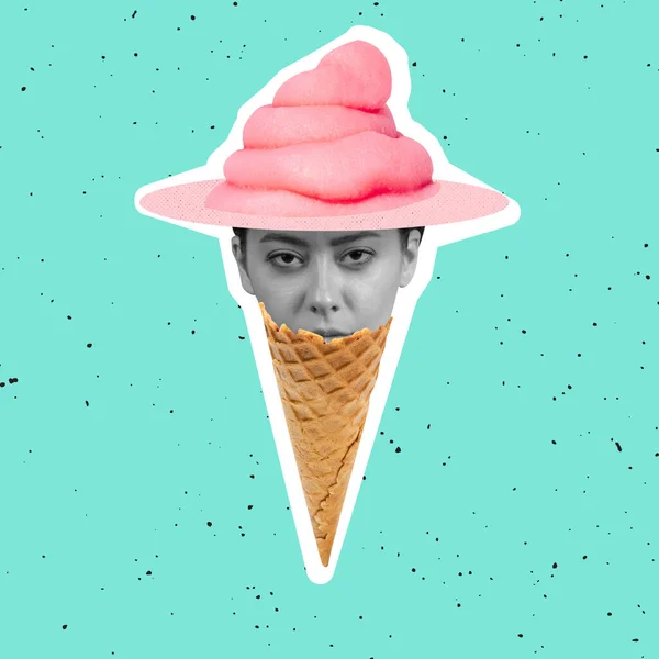 Collage d'art contemporain de femme en forme de cône de crème glacée avec délicieux goût de crème aromatisée fruitée isolé sur fond vert — Photo