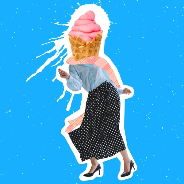 Colagem de arte contemporânea de mulher com elementos de cabeça de sorvete dançando isolado sobre fundo azul. Estilo retrô — Fotografia de Stock
