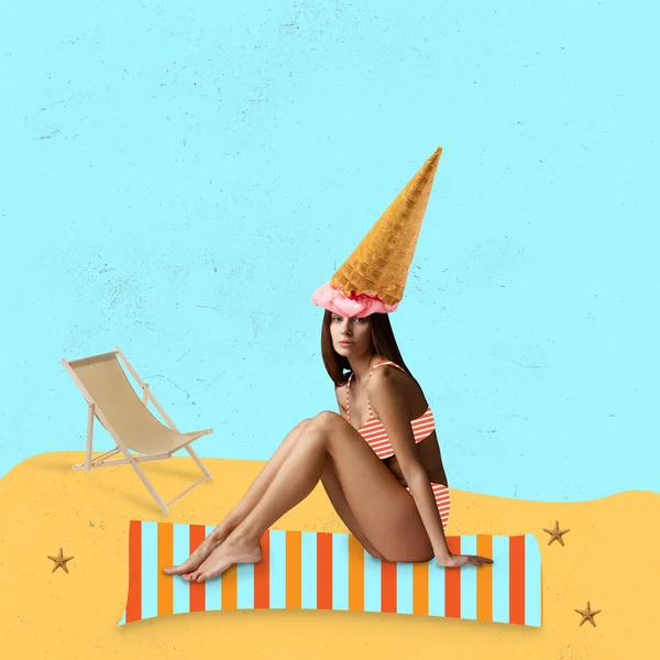 Contemporary art collage of woman in swimsuit with ice cream cone on head isolated over drawn beach background