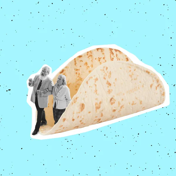 Contemporary art collage, creative design. Couple walking out the taco isolated over blue background — Stock Photo, Image