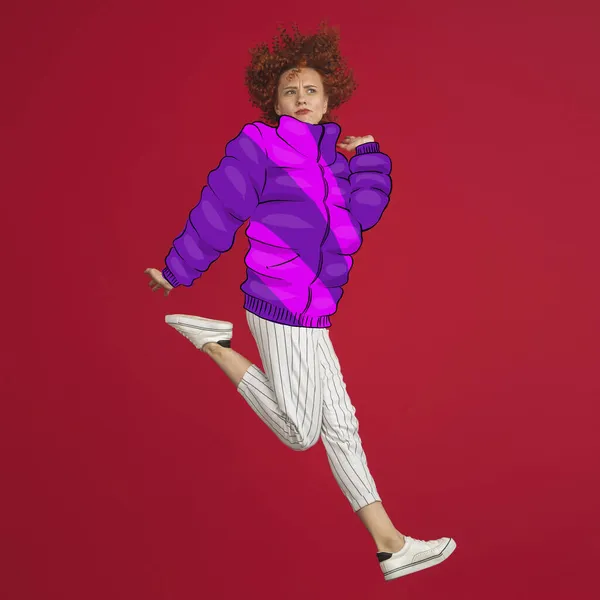 Moderní design, koláž současného umění. Inspirace, nápad, módní styl městského časopisu. Jumping dívka v kreslené teplé oblečení v chladném počasí — Stock fotografie