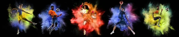 Collage with professional football players and boxer posing in explosion of paints and colorful powder. Sport, fashion, show concept — Stock Photo, Image