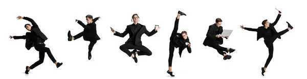 Colagem com imagens de jovem em terno de negócios preto se move isolado no fundo branco. Arte, movimento, ação — Fotografia de Stock