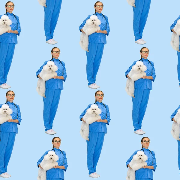 Konceptualny bezszwowy wzór wykonany z portretów weterynarki z białym psem odizolowanym na niebieskim tle. Koncepcja opieki zdrowotnej, medycyna — Zdjęcie stockowe