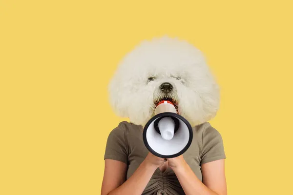 Současné umělecké dílo, konceptuální koláž. Mladá dívka v čele s bílou chlupatou psí hlavou křičela na megafon. Surrealismus — Stock fotografie