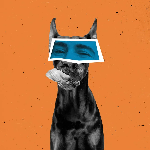 Zeitgenössische Kunstcollage eines großen schwarzen Hundes mit weiblichen Augen, isoliert über korallenfarbenem Hintergrund. Tiere mit menschlichen Emotionen — Stockfoto