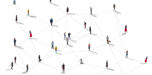 Vista aérea de pessoas de multidão conectadas por linhas, mídia social e conceito de comunicação — Fotografia de Stock