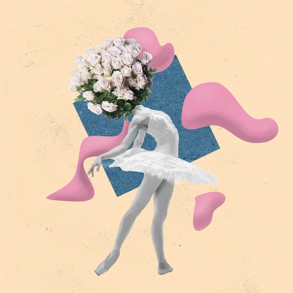 Collage de arte contemporáneo. Bailarina de ballet elegante encabezada de rosas, flores aisladas sobre fondo abstracto —  Fotos de Stock