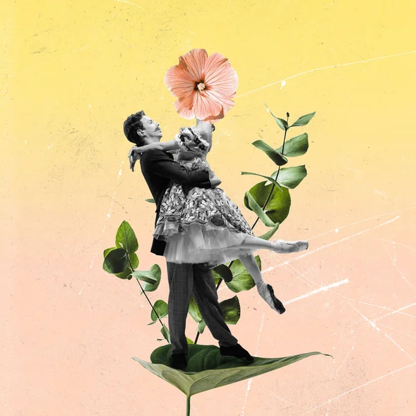 Collage de arte contemporáneo, diseño moderno. Pareja de bailarines encabezados con flores y plantas sobre fondo claro. Surrealismo —  Fotos de Stock