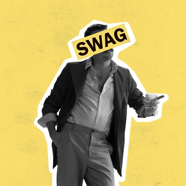 Contemporary art collage of drunk man isolated over yellow background. Eyes hidden behind text. Swag style — Stock Photo, Image