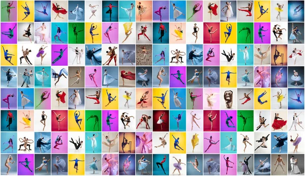 Collage hecho de retratos de bailarines de ballet femeninos y masculinos bailando aislados sobre fondo multicolor en luz de neón. — Foto de Stock