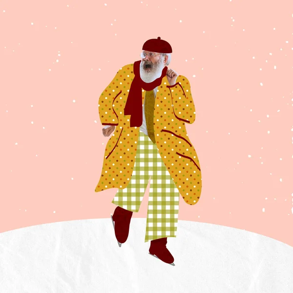 Design moderno, colagem de arte contemporânea. Inspiração, ideia, estilo de revista urbana na moda. Homem mais velho em roupas quentes de inverno patinação no gelo — Fotografia de Stock