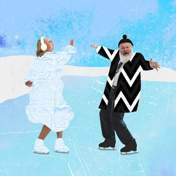 Çağdaş sanat kolajı. Sıcak kış kıyafetleri içinde, arka planda izole edilmiş paten üzerinde dans eden orta yaşlı bir çift. — Stok fotoğraf