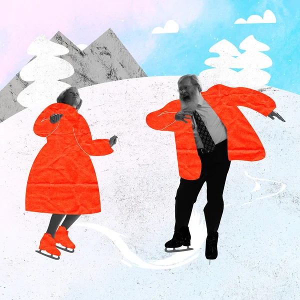 Сучасне мистецтво колаж пари середнього віку в теплому зимовому одязі танцює ретро танці на ковзанах ізольовані на світлому фоні — стокове фото