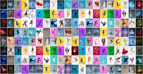 ネオンの光の中で多色の背景で孤立して踊る女性と男性のバレエダンサーの肖像画で作られたコラージュ. — ストック写真