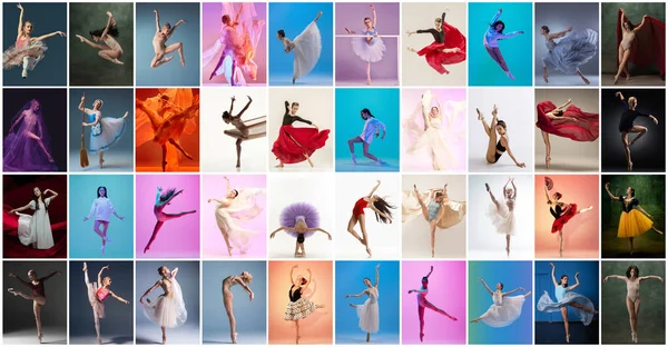 Colagem de arte feita de retratos de 1 dançarina de balé feminina, bailarina em diferentes imagens dançando isolado em fundo multicolorido em luz de néon. — Fotografia de Stock
