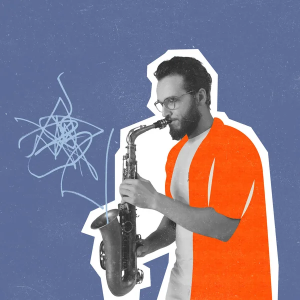 Collage de arte contemporáneo, diseño moderno. Estilo retro. Elegante hipster, hombre tocando el saxofón sobre fondo púrpura oscuro —  Fotos de Stock