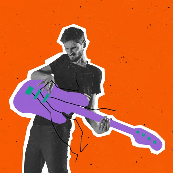 Colagem de arte contemporânea, design criativo. Capa para revista. Elegante hipster, homem tocando guitarra em fundo brilhante neoned — Fotografia de Stock