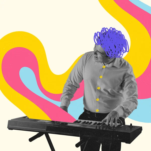 Colagem de arte contemporânea, design moderno. Estilo retrô. Artista elegante tocando piano em fundo de cor vibrante — Fotografia de Stock