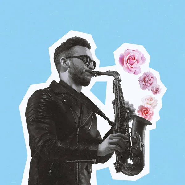 Koláž současného umění, moderní design. Retro styl. Stylový muž hraje saxofon na světlém pozadí — Stock fotografie