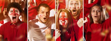 Duygusal futbolla yapılmış kolaj, futbol taraftarları stadyum tribünlerinde kırmızı eşarplarla takımlarına tezahürat yapıyorlar. Spor anlayışı.
