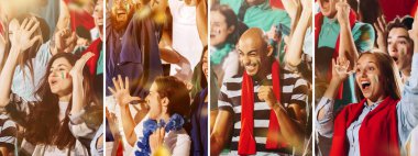 İtalyan heyecanlı futbol taraftarları stadyum tribünlerinde kırmızı eşarplarla takımlarını alkışlıyorlar. Spor anlayışı, duygular, takım etkinliği, rekabet.