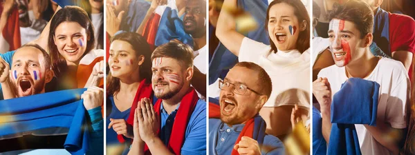 Французский взволнованный футбол, футбольные болельщики болеют за свою команду красными шарфами на трибунах стадиона. Концепция спорта, эмоции, командное мероприятие, соревнования. — стоковое фото