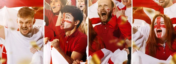 Kollázs készült képek érzelmi foci, foci rajongók éljenzés a csapat egy piros sál a stadionban standok. A sport fogalma. — Stock Fotó