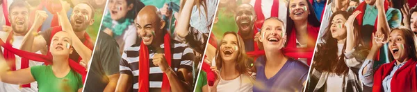 Fútbol italiano emocionado, aficionados al fútbol animando a su equipo con una bufanda roja en los stands del estadio. Concepto de deporte, emociones, evento en equipo, competencia. — Foto de Stock