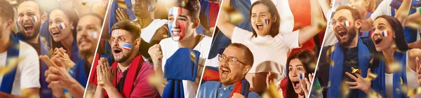 Fútbol francés emocionado, aficionados al fútbol animando a su equipo con una bufanda roja en los stands del estadio. Concepto de deporte. Collage. —  Fotos de Stock