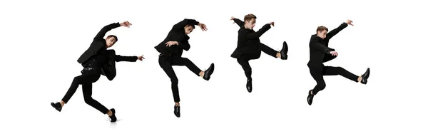 Desarrollo de movimientos. Un joven con traje negro se mueve aislado sobre fondo blanco. Collage. Arte, movimiento, acción — Foto de Stock