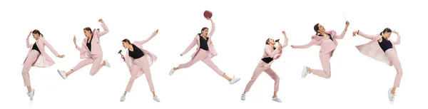 身穿粉色西装的情绪化的年轻女子在行动和运动中被隔离在白色背景中。大学生活 — 图库照片
