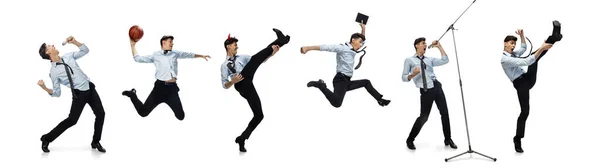 Happy office workers dancing, playing sport games, singing in business style clothes or suit on white. — Stock Photo, Image