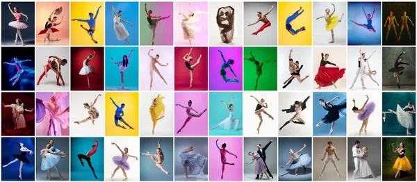 Colagem de arte feita de retratos de bailarinos femininos e masculinos em trajes de palco dançando isolados em fundo multicolorido em luz de néon. — Fotografia de Stock