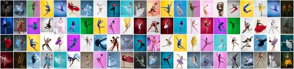 Volante horizontal, engastado con retratos de bailarines de ballet femeninos y masculinos en trajes de escenario bailando aislados sobre fondo multicolor en luz de neón. —  Fotos de Stock