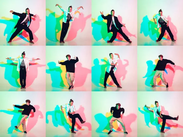 Collage gjord av dynamiska porträtt av tonåringar, pojkar dansar hip-hop i snygga kläder på färgad studio bakgrund med glitch effekt. — Stockfoto