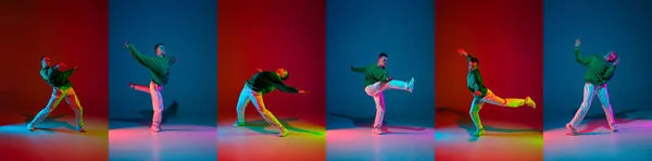 动态运动。学院与灵活的男人，霹雳舞，嘻哈舞者练习休闲装与红蓝背景隔离. — 图库照片