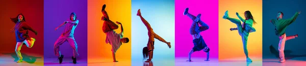 ブレイクダンスやヒップホップダンサーの映像で構成されたコラージュ作品で、ネオンの多色の背景の上に孤立した動き. — ストック写真