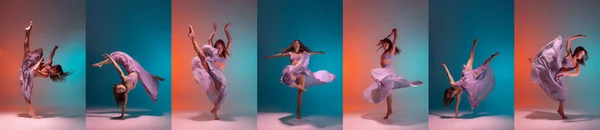 Ung graciös anbud ballerina på rosa blå studio bakgrund Collage. Balett och modern nutida koreografi. — Stockfoto