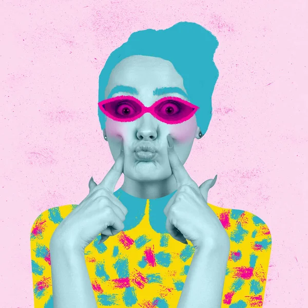 Jong mooi meisje draagt digitale brillen en felle outfit. Hedendaagse kleurrijke en conceptuele heldere kunst collage. — Stockfoto
