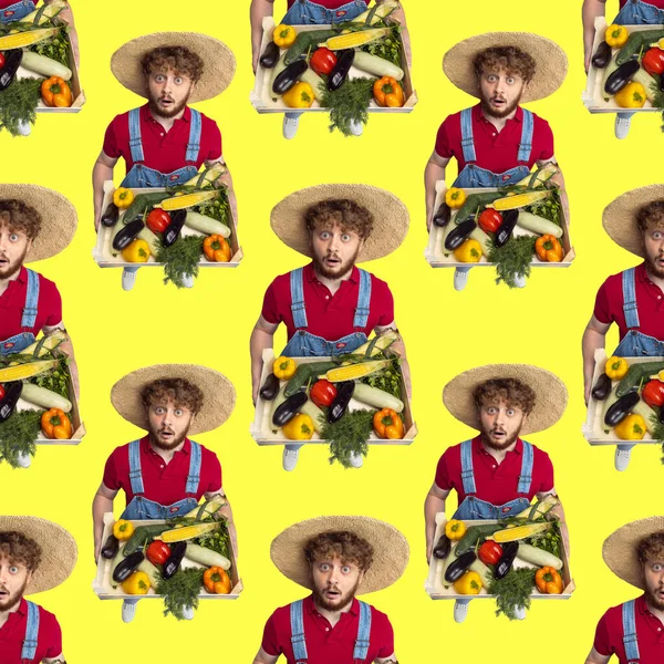 Μοτίβο φτιαγμένο με εικόνες από αστείο νεαρό άνδρα, αγρότη με λαχανικά που στέκονται απομονωμένα πάνω από κίτρινο φόντο στούντιο. — Φωτογραφία Αρχείου