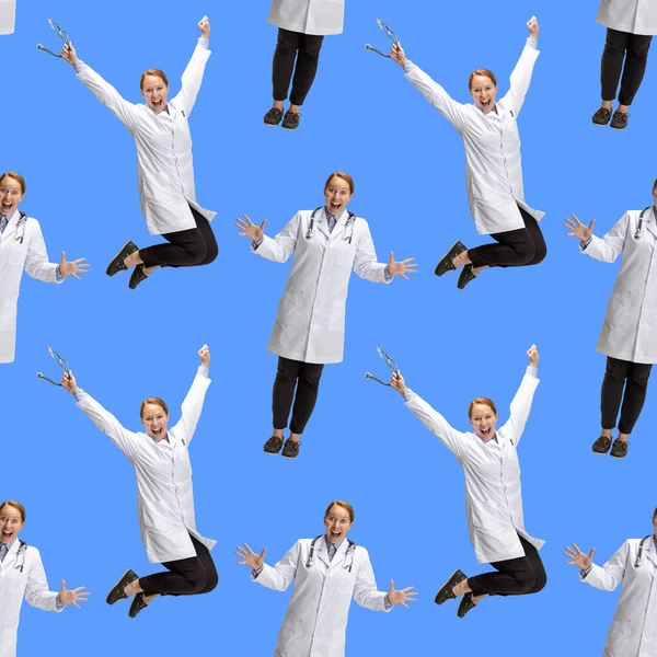 顶部视图。无缝隙的图案，快乐快乐的女医生在蓝色的背景上跳跃着。医疗、医药的概念 — 图库照片