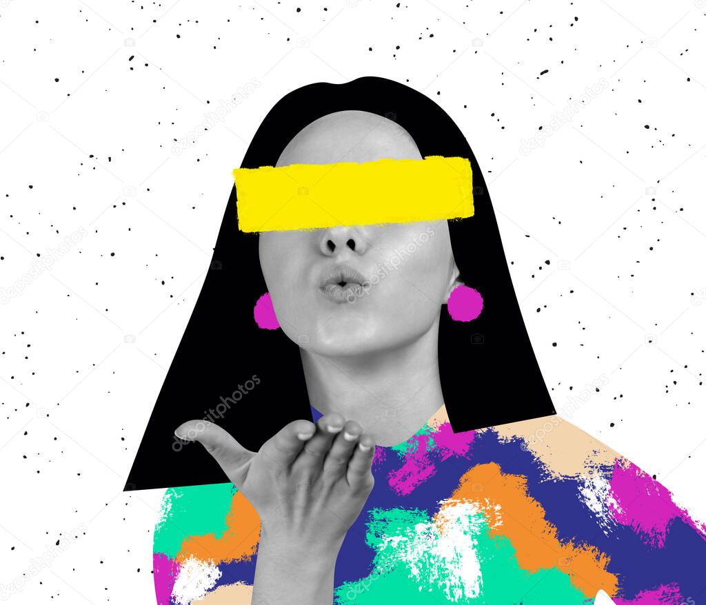 Contemporary art collage. Inspiration, idea, trendy urban magazine style. Young happy girl with digital bright drawings on her face, head