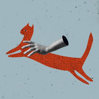 İnsan eli mavi arka planda çizilmiş bir kediyi okşuyor, sanat eseri. İnsan ilişkileri, toplum, evcil hayvanlar, bakım, sembolizm, sürrealizm kavramı.